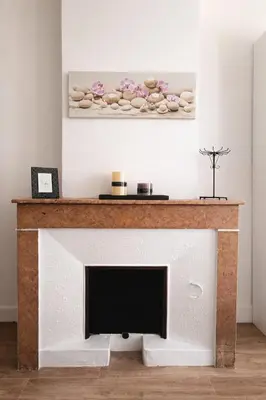 a living room with a fireplace with a shelf of rocks at T2 Centre historique d'Aix-en-Provence in Aix-en-Provence