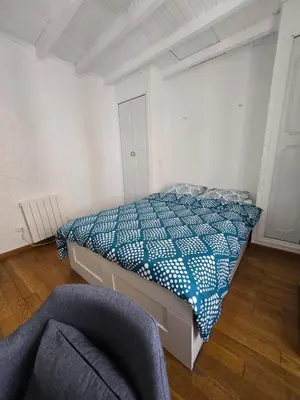 a bedroom with a bed with a blue and white comforter at Maison de village chaleureuse in Sainte-Tulle