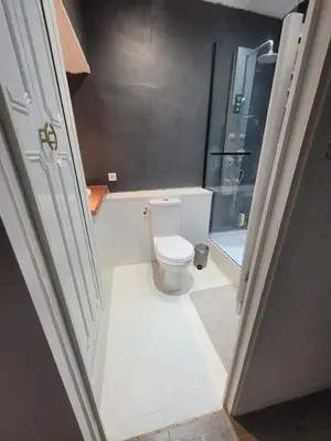 a small bathroom with a toilet and a shower at Maison de village chaleureuse in Sainte-Tulle