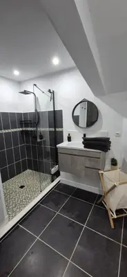 a bathroom with a shower and a sink and a mirror at Appartement T3 Refait a neuf in Mazan