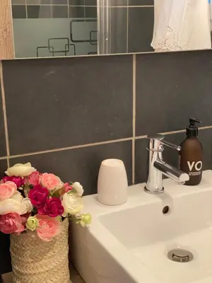 a bathroom with a sink with flowers on it at Mas Coeur Provence Calme Beauté Grand Parc in Pernes-les-Fontaines