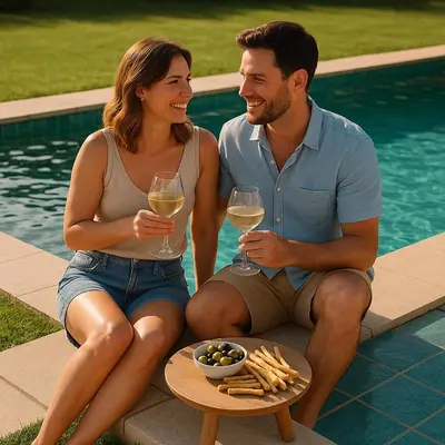 a man and woman sitting next to a pool holding wine glasses at Mas Coeur Provence Calme Beauté Grand Parc in Pernes-les-Fontaines