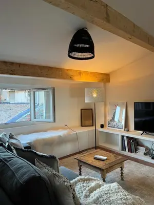 a living room with a couch and a coffee table at Appartement cocooning centre ville in Aix-en-Provence
