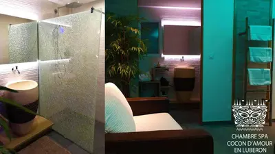 two pictures of a bathroom with a shower and a sink at Cocon D'amour En Luberon - Chambre Spa a proximite de l'Isle sur la Sorgue in LʼIsle-sur-la-Sorgue