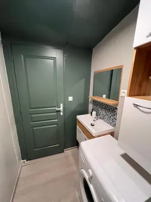 a bathroom with a green door and a sink at Petite maison avec piscine le chêne vert in Gargas