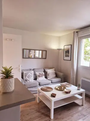a living room with a couch and a table at Charmant appart central avec Terrasse & Clim in Aix-en-Provence