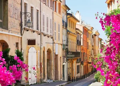 a city street with pink flowers and buildings at Charmant appart central avec Terrasse & Clim in Aix-en-Provence