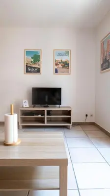 a living room with a flat screen tv on a wall at Duplex en centre ville avec un Garage privé in Salon-de-Provence