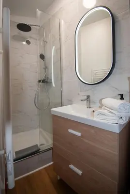 a bathroom with a sink and a shower with a mirror at Studio climatisé avec terrasse, 5ème étage sans ascenseur in Aix-en-Provence