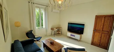 a living room with a couch and a tv at Appartement avec extérieur in LʼIsle-sur-la-Sorgue