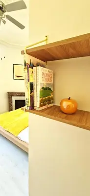 a room with books on a shelf next to a bed at Appartement avec extérieur in LʼIsle-sur-la-Sorgue