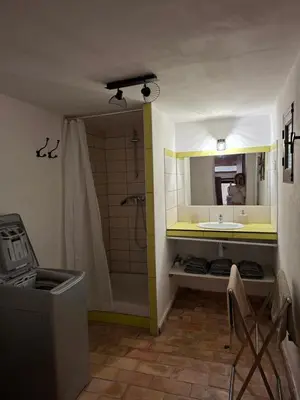 a bathroom with a sink and a shower and a mirror at Cabanon provençal en pierre entouré de lavandes in Vachères