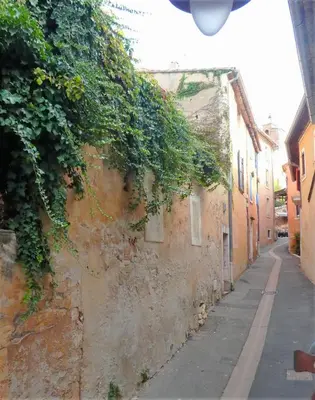an alley with ivy growing on the side of a building at La Cachette centre historique village in Roussillon