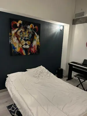 a bedroom with a bed with a painting of a lion at Maison Hélène Piano in La Tour-dʼAigues