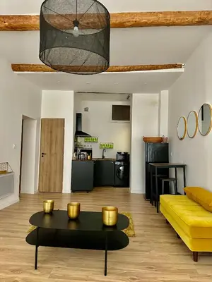 a living room with a couch and a table at CARPENTRAS 2ème étage BEL APPARTEMENT au CENTRE VILLE in Carpentras