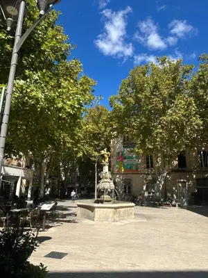 a fountain in the middle of a park with trees at CARPENTRAS 2ème étage BEL APPARTEMENT au CENTRE VILLE in Carpentras