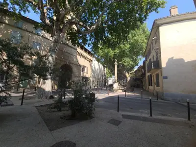 a street with a tree and buildings and a statue at Village House in Pélissanne near Luberon in Pélissanne