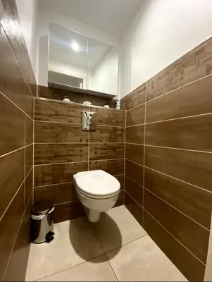 a bathroom with a toilet and a mirror at Tiny House - Les Baïsses - Jardin Tropical in Lançon-Provence