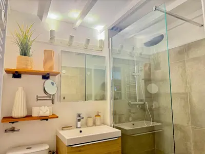 a bathroom with a glass shower and a sink at Refuge reposant - Centre ville - Espace Bureau in Aix-en-Provence