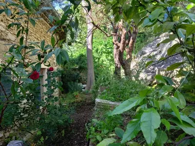 a garden with a stone wall and some trees at Il était une fois à Lagnes in Lagnes