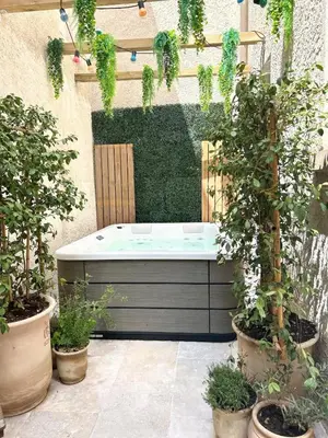 a hot tub in a garden with potted plants at Villa de Seytres in Caumont-sur-Durance