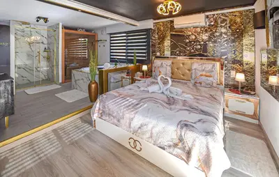 a bedroom with a large bed and a bathroom at Villa Avec Piscine Privée in Carpentras