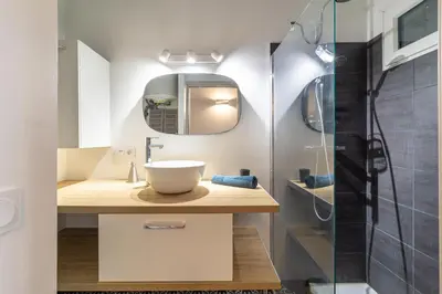 a bathroom with a sink and a shower at Aixora - Centre historique - Tout à pied & parking in Aix-en-Provence