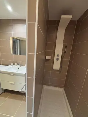 a bathroom with a shower and a sink at Petite maison à 2 pas du centre de Bédoin in Bédoin