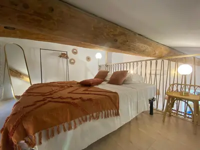 a bedroom with a bed with a brown blanket at L appartement Lambescain in Lambesc