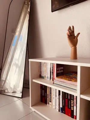 a book shelf with books and a hand on it at Duplex Cosy Aix proche CV terrasse clim parking in Aix-en-Provence