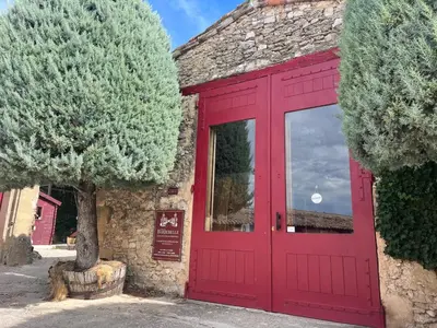 a red door on a stone building with a tree at Maison des Fontaines - Terrasse & vue sur vignoble, proche Aix-en-Provence 5 personnes - Domaine Viticole Château de Barbebelle, Rognes, Provence in Rognes