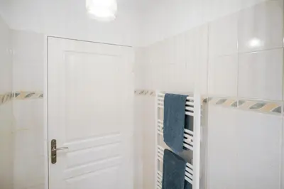 a bathroom with a shower and a white door at T2 cosy avec jardin & parking gratuit - Quartier Beauregard in Aix-en-Provence