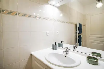 a white bathroom with a sink and a mirror at T2 cosy avec jardin & parking gratuit - Quartier Beauregard in Aix-en-Provence