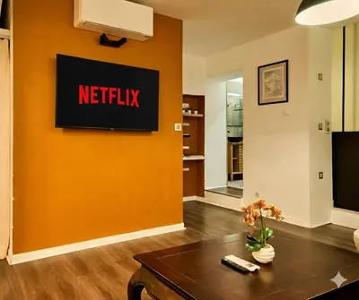 a living room with a netflix sign on a wall at Evasion au centre d Aix loft chic et cosy in Aix-en-Provence