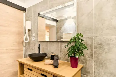 a bathroom with a sink and a mirror at Evasion au centre d Aix loft chic et cosy in Aix-en-Provence