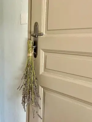 a bunch of dried flowers hanging from a door at Les Iris in Bonnieux
