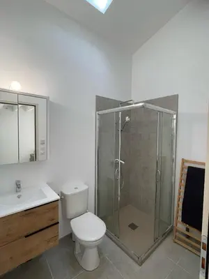 a bathroom with a shower and a toilet and a sink at Tiny house avec terrasse privée - Parking - Fibre TV in Lambesc