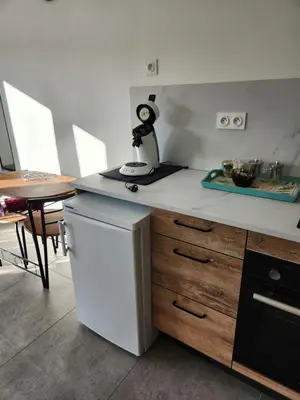 a kitchen with a counter top with a refrigerator and a table at Tiny House T1 in Entraigues-sur-la-Sorgue