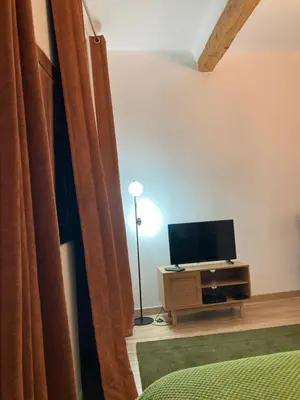 a room with a bed and a tv and a curtain at AQUA TERRA-Studio Cozy-Aix Historic Center- SMART TV-WIFI in Aix-en-Provence