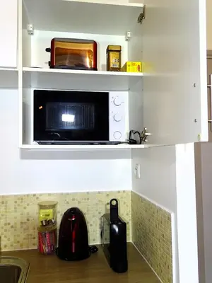 a microwave on a shelf above a kitchen counter at AQUA TERRA-Studio Cozy-Aix Historic Center- SMART TV-WIFI in Aix-en-Provence