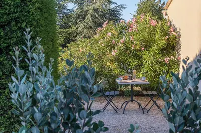 a table in a garden with flowers and plants at La Colline - Pause Provençale in LʼIsle-sur-la-Sorgue