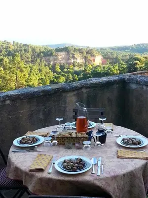 a table with plates of food on top at Maison Vignes in Roussillon