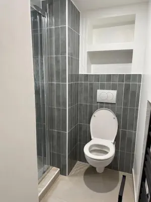 a small bathroom with a toilet and a shower at Le petit cardeur in Aix-en-Provence