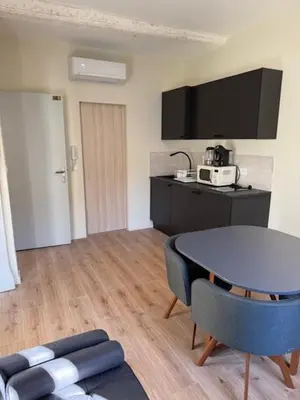 a living room with a table and a kitchen at Le petit cardeur in Aix-en-Provence