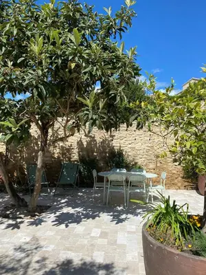 a patio with a table and chairs under a tree at Bastidon, Petite bastide pour 2 avec bassin et jardin privé in Crillon-le-Brave