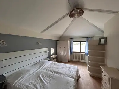 a bedroom with a bed and a ceiling fan at Magnifique Mas provencal au coeur des vignes in Mazan