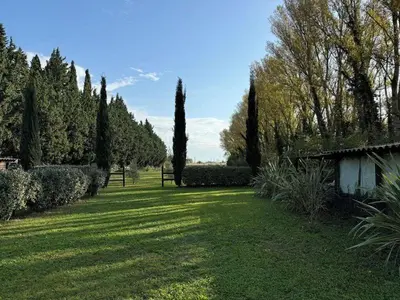 a grassy yard with trees and bushes and a field at chalet le domaine des cigales in Cavaillon