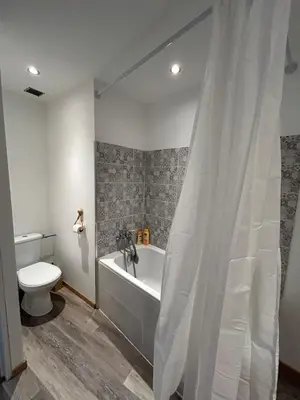 a bathroom with a tub and a toilet and a shower curtain at Le laurier, confort et calme en Provence in Noves