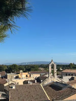 arial view of a town with a church and buildings at Le laurier, confort et calme en Provence in Noves