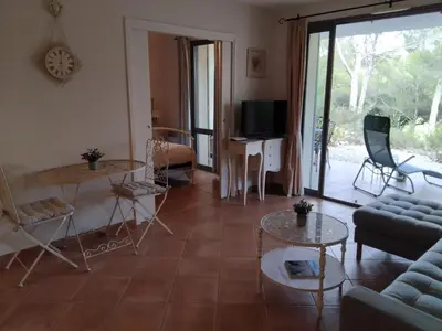 a living room with a couch and tables and a tv at Golf de saumane in Saumane-de-Vaucluse